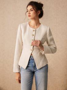 SHEIN Frenchy 女士优雅外套，正面带纽扣开合，春/秋装正式女士外套商务女士服装婚礼外套下摆开衩不对称下摆服装优雅外出上衣外套茶会服装纽扣外套 FW24 - 杏色 - 查看 2