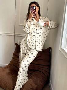 DAZY Butterfly Allover Print Long Sleeve And Long Pants Sleepwear Set Pajama - Beige - View 1