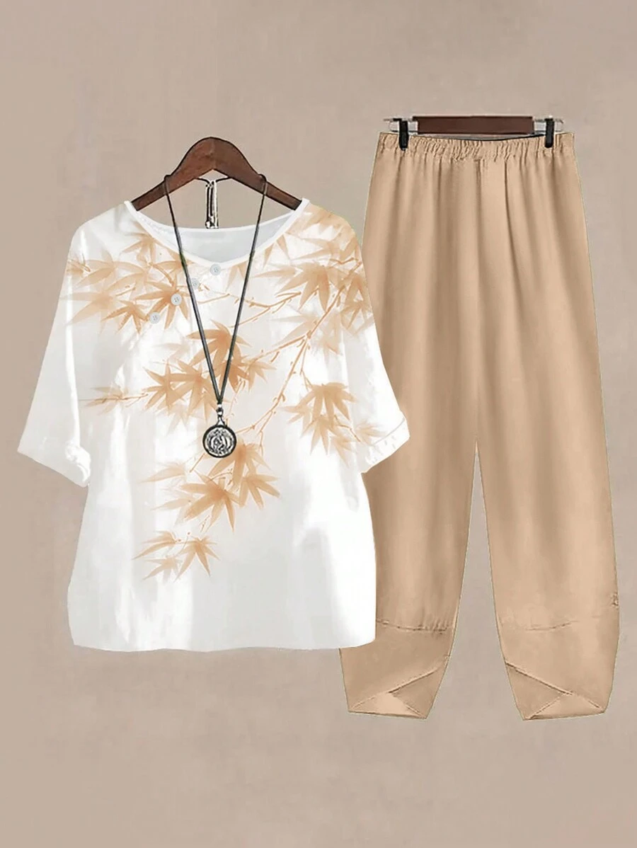 EMERY ROSE Bộ áo và quần dài tay cổ tròn in hình lá cỡ lớn, họa tiết ngẫu nhiên, cho mùa hè - Màu Khaki - Xem 1