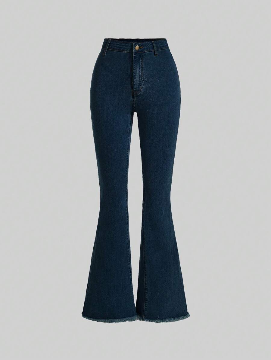 SHEIN Girlism Teen Girl's Simple Style Flare Jeans With Front Buttons And Back Pockets, Suitable For Daily Casual Wear - Dark Wash - View 1