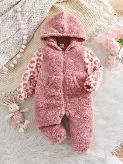Mameluco con capucha esponjosa de leopardo lindo para recién nacida niña, empalmado para otoño/invierno