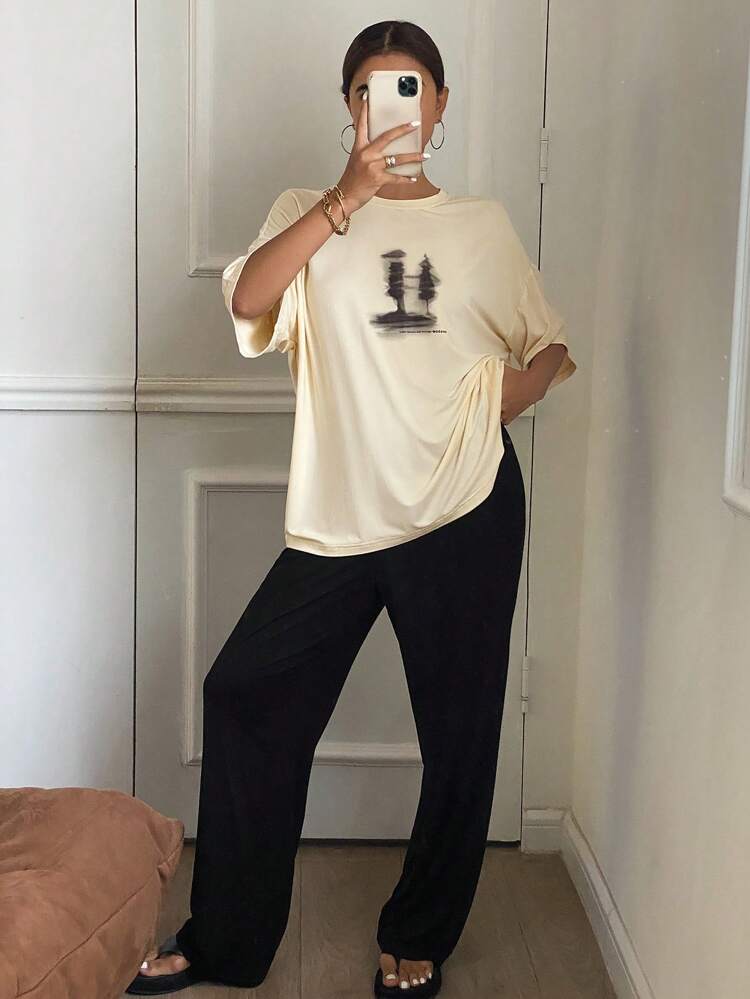 Spring/Summer Casual Simple Print Short Sleeve Top And Long Pants Loose Home Clothing Set Pajama
