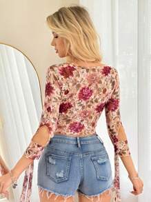 SHEIN ICON Trang phục mùa thu dành cho nữ Đi chơi Dây thắt nút Ren gợi cảm in hoa cài nút - Nhiều màu - Xem 3