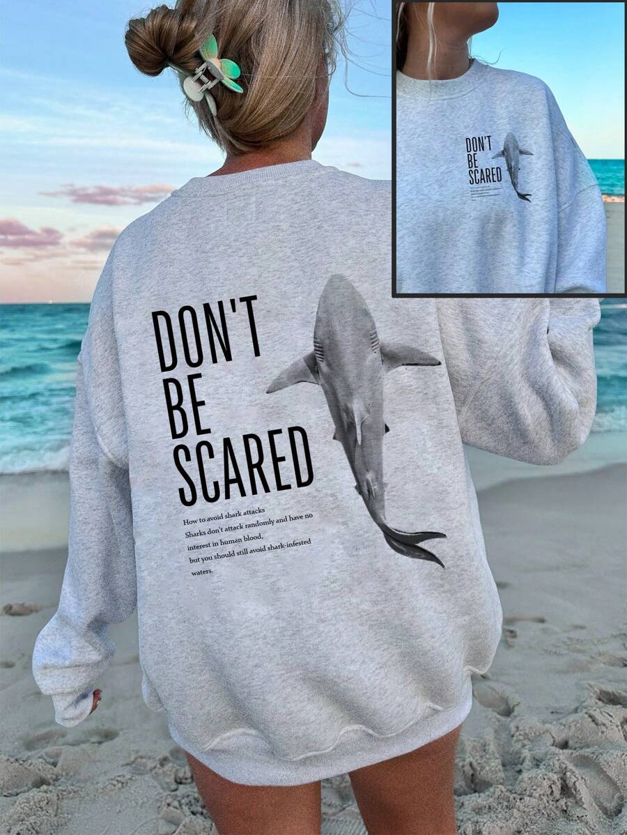 SHEIN EZwear 女士休闲宽松鲨鱼印花宽松圆领套头衫，适合秋冬季 - 淺灰色 - 查看 1