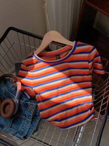 Comfortcana Camiseta de punto ajustada de mujer con rayas de colores