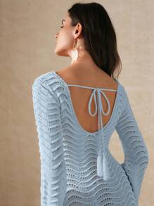 Solid Color Sexy Knitted Hollow Out Wave Flared Sleeve Beach Dress For Summer Beach Vacation - Blue - View 6