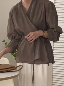 DAZY Áo sơ mi nữ màu trơn đơn giản thắt eo thời trang xuân thu, áo dài tay mùa thu cho nữ - Cà phê nâu - Xem 3