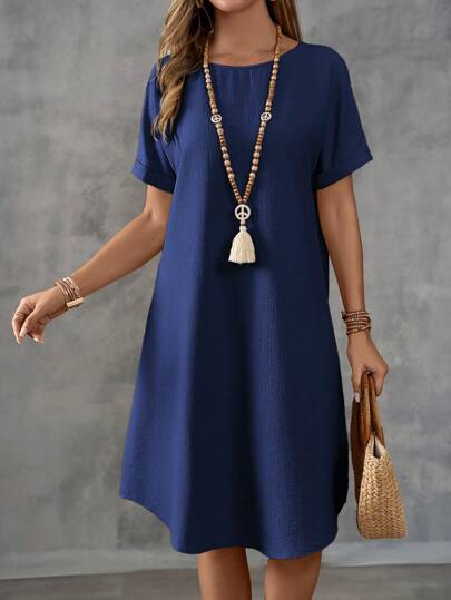 EMERY ROSE Women's Round Neck Short Sleeve Loose Fit Solid Color Swing Hem Casual Daily Dress, Simple Style