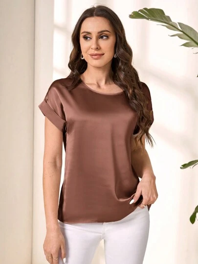 EMERY ROSE Women's Round Neck Short Sleeve Solid Color Simple And Fashionable Loose Casual Comfortable Blouse For Daily Wear, Summer Top