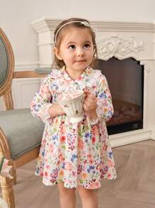 SHEIN Baby Girls' Long Sleeve Floral Print Dress With Elegant Lace Details - Multicolor - View 2