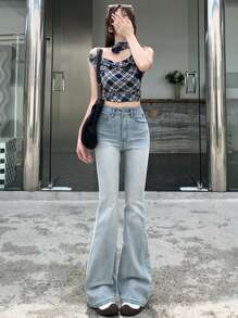 DAZY Women's Bowknot Printed Pocket Flare Casual Jeans