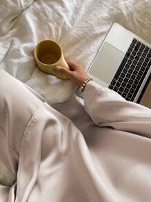 DAZY Simple V-Neck Loose Satin Pajama Set With Arc-Shaped Hem - Champagne - View 5