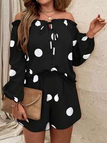 Ensemble de 2 pièces pour femmes : Haut à manches longues ouvertes aux épaules avec nœud à la taille et Pantalon à jambes larges à pois, confortable et ample - Noir - Voir 3