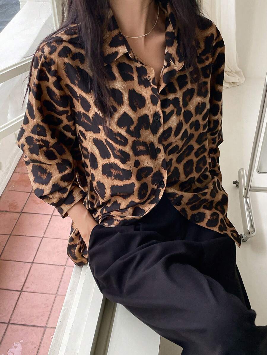 DAZY 女士翻领豹纹前扣长袖衬衫、长袖上衣、秋装 - 棕色 - 查看 1