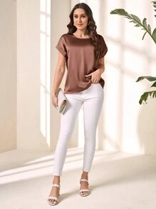 EMERY ROSE Áo cổ tròn ngắn tay màu trơn đơn giản và thời trang cho nữ Áo kiểu dáng rộng thoải mái để mặc hàng ngày, áo mùa hè - màu nâu - Xem 5