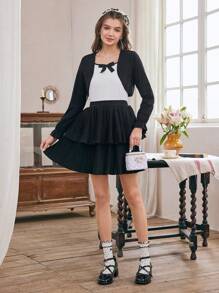 Summer Teen Girls' Sweet And Casual Design Short Jacket With Bowknot Strap Vest And Fluffy Pleated Skirt 3pcs Set Ideal For Daily Outings, Commuting, Leisure And Street Photography