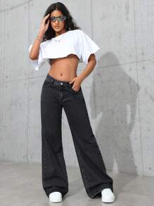 SHEIN ICON 女式直筒宽松休闲黑色牛仔裤，带口袋，百搭 - 黑色 - 查看 2