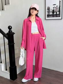 SHEIN Leap Crew Teen Girl Fall Pocketed Casual College Style Shirt Vest Pants 3-Piece Set - Hot Pink - View 4