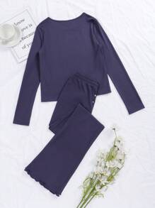 Teen Girls' Comfortable Casual Ribbed Long Sleeve Top And Long Pants Two-Piece Homewear Set, Navy Blue