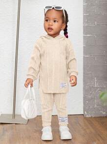 SHEIN Bộ quần và áo có mũ trùm đầu màu hồng dệt kim thông thường cho bé gái - Màu be - Xem 3