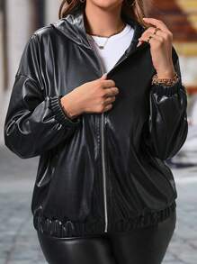 SHEIN LUNE 大尺碼女士時尚寬鬆帶帽PU皮夾克，適合春秋季節 - 黑色 - 查看 5