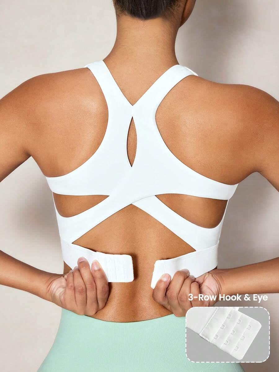 SHEIN Sovereign Charm Plain Color Cut Out Back Sports Bra - White - View 1