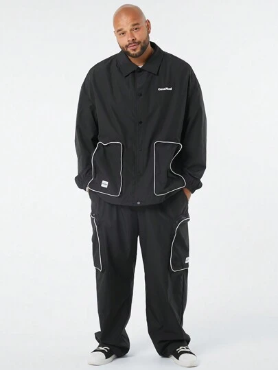 Manfinity VCAY Traje de chaqueta y pantalones de hombre Manfinity CozeMod de talla grande, tejido suelto, cuello de chal, manga larga, cintura media y con pinzas, adecuado para uso diario en primavera y otoño