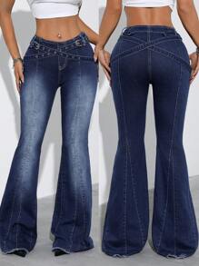 Women's Eyelet Fiber Woven Trim Decorative Patchwork Elastic Washed Flared Jeans - Dark Wash - View 1