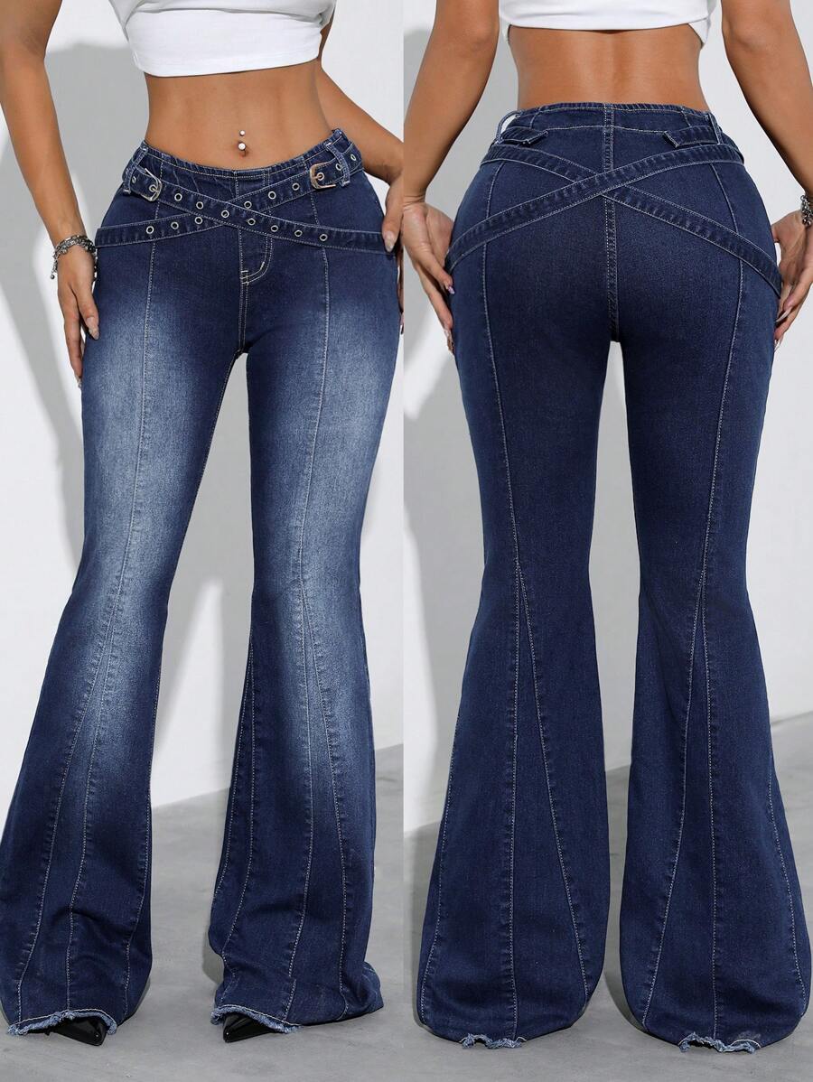 Women's Eyelet Fiber Woven Trim Decorative Patchwork Elastic Washed Flared Jeans - Dark Wash - View 1