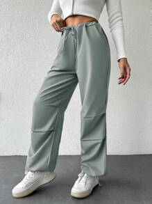 EURMUSE Drawstring Waist Drawstring Hem Parachute Pants - Grey - View 3