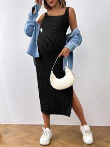 SHEIN Maternity Casual Ribbed Slit Tank Midi Dress Summer - Black - View 3