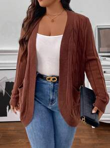 SHEIN Clasi Plus Size Casual, Featuring Pocket Design, Warm, Buttonless Knitted Cardigan. Suitable For Work, Outings, Home, Shopping, And Gatherings , Brown Cardigans In Women In Fall/Winter - Coffee Brown - View 6