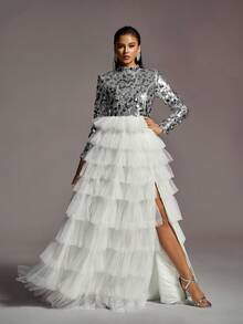 Đầm dạ hội dài tay thanh lịch cổ cao đính sequin với viền lưới xếp lớp tương phản, thích hợp cho khách dự đám cưới, dạ hội, lễ tốt nghiệp. - Bạc - Xem 8