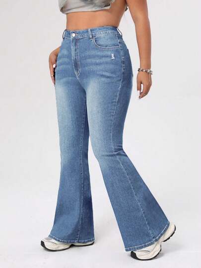 SHEIN ICON Jeans décontractés évasés troués avec poches pour femmes grande taille