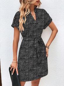 SHEIN LUNE V-Neck Bowknot Waist-Tied Slimming Dress - Black - View 3