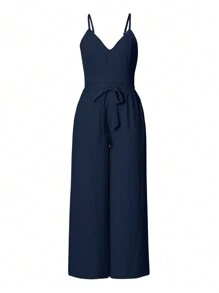 EMERY ROSE Women's Solid Color Simple Daily Wear Tank Top And Long Pants Set - Navy Blue - View 3