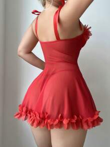 SHEIN 纯红色性感网眼浪漫花朵贴花钢圈内衣连衣裙和丁字裤，2 件套新娘外出内衣 - 紅色 - 查看 2