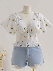 Soleia Vacation White Embroidered V-Neck Blouse With Ruffle Trim And Comfortable Plus Size - Multicolor - View 1