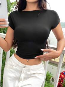 SHEIN EZwear 2pcs/Set Black Open Blue Round Neck Short Sleeve Tight Crop Top T-Shirt, Suitable For Summer - Royal Blue - View 2