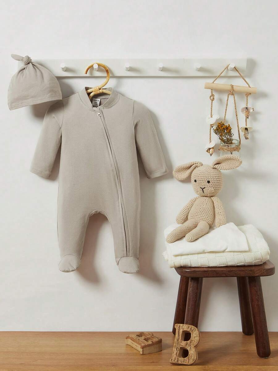 SHEIN 男嬰棒球領前拉鍊包腳連體睡衣和帽 - 卡其色 - 查看 1