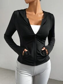 SHEIN EZwear Women's Solid Color Sun Protection Hooded Jacket, Long Sleeve, Casual Style - Black - View 4