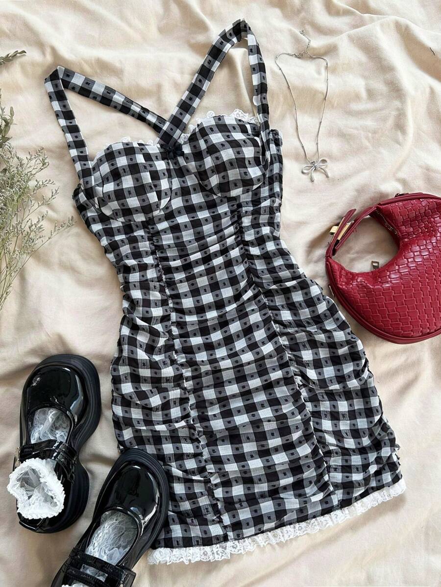 Soleia Vestido cami a cuadros blanco y negro para vacaciones con detalles de encaje para mujer - Blanco y Negro - Ver 1