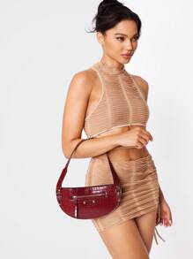 SHEIN SXY 女士、女士单肩包、流浪包、时尚、个性化、街头、酷炫、铆钉、鳄鱼皮 PU、复古、怀旧、酷炫、机车风格、适合经典、通勤、办公室、约会、日常、购物、下午茶 - 酒紅色 - 查看 1