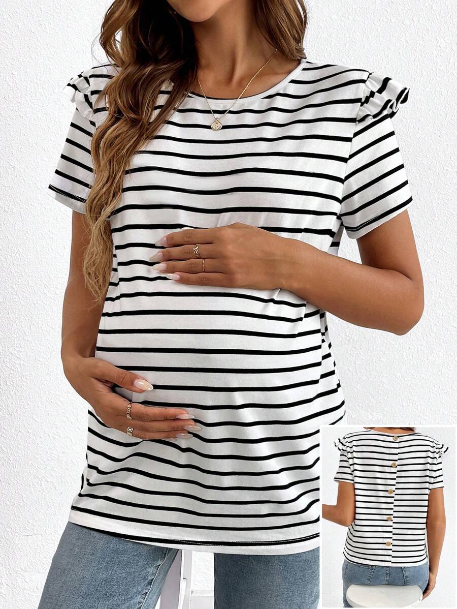 SHEIN Maternity Striped Ruffle Trim Tee - White - View 1