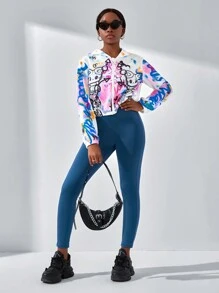 SHEIN Explorewe 少女2入組街頭風格休閒塗鴉字母貓咪印花帽衫外套和緊身褲 - 彩色 - 查看 1