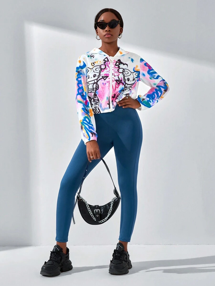SHEIN Explorewe 少女2入組街頭風格休閒塗鴉字母貓咪印花帽衫外套和緊身褲 - 彩色 - 查看 1