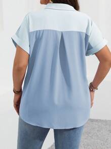 Vionelle Áo sơ mi ngắn tay dáng rộng cỡ lớn dành cho nữ Colorblock Batwing cho mùa hè - Màu xanh nhạt - Xem 2
