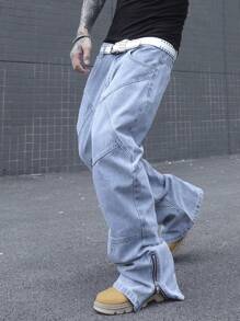 Manfinity EMRG Pantalones vaqueros holgados, informales y amplios con cremallera lateral y abertura de pierna ancha para hombre. Pantalones vaqueros anchos y lavados de color azul claro, ideales como regalo para el esposo o novio