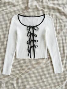 Soleia Women's Casual White Cardigan With Bowknot Tie Detail, Suitable For Vacation, Wedding, Graduation, Back To School, And Daily Wear - Black and White - View 2