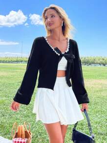 EURMUSE Faux Necklace Thread Knitted Cardigan - Black - View 3